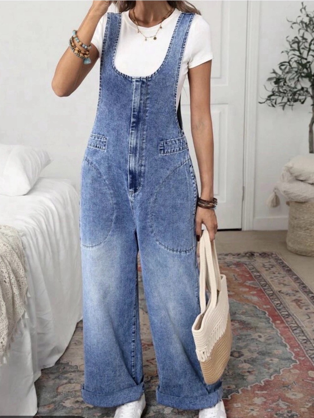 EMERY ROSE Blue Denim Wide-Leg Overalls for Women